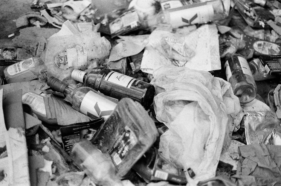 A large pile of mixed household rubbish and waste materials is spread across a flat surface, likely a driveway or outdoor area. The debris includes crumpled paper, used plastic bottles, aluminum cans,